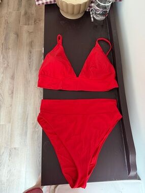 Aerie Deep Plunge, High-Waist Bikini Set - Women Swim Red